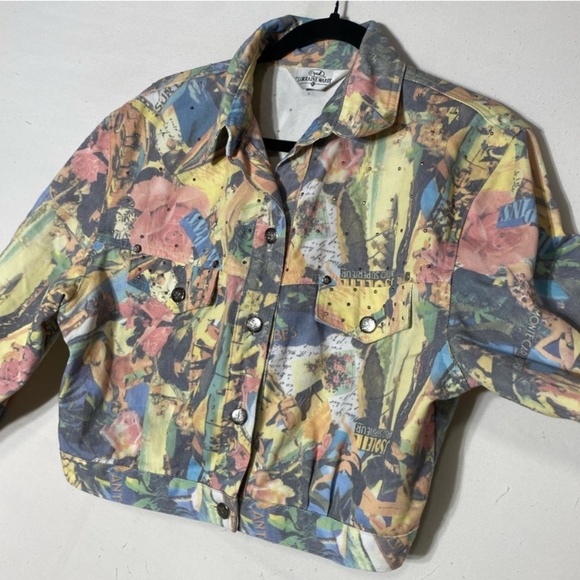 Vintage Opal By Lorraine Wardy Graphic Print Oversized Cropped Denim Jacket M - Picture 6 of 12